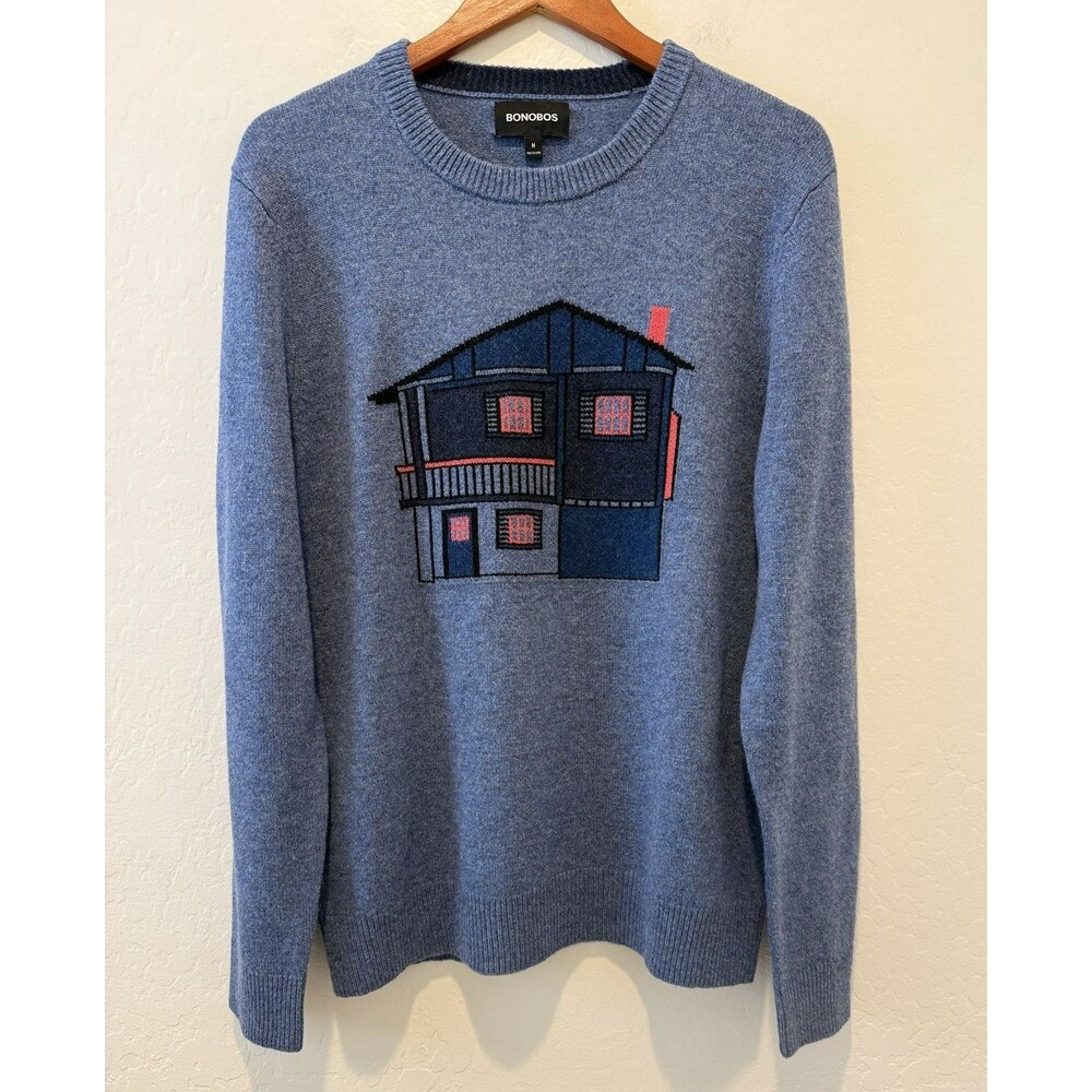 NEW 100% Merino Wool Bonobos House Sweater Men's M Architecture Home Theme Blue